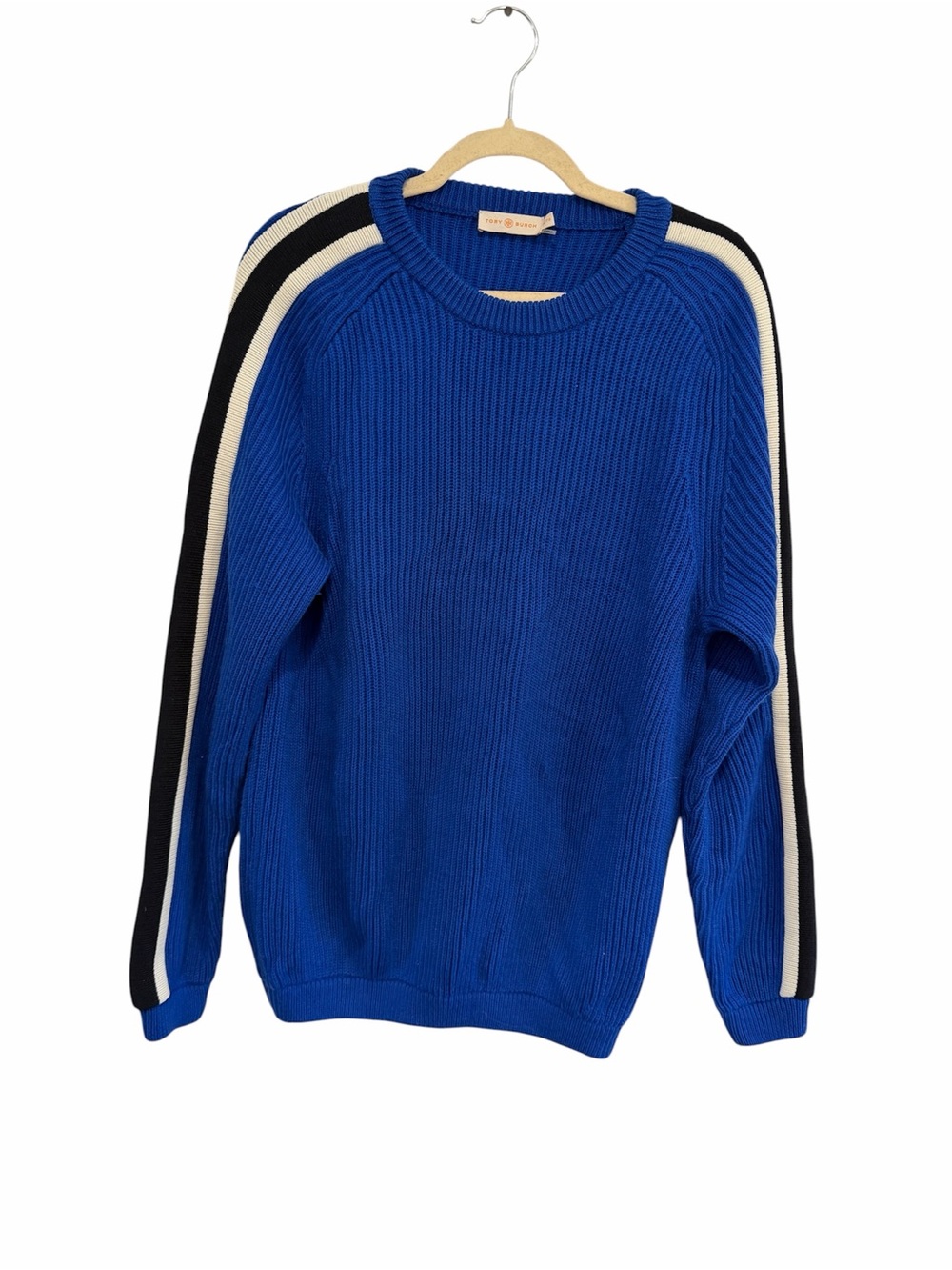 Tory Burch Royal Blue Crewneck Sweater with Black and Cream Stripes